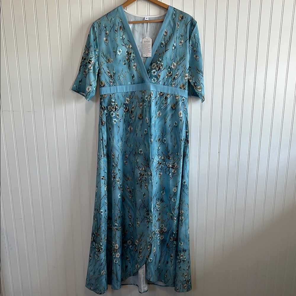 Made with Love floral blue‎ maxi dress women size medium faux wrap pockets flowy